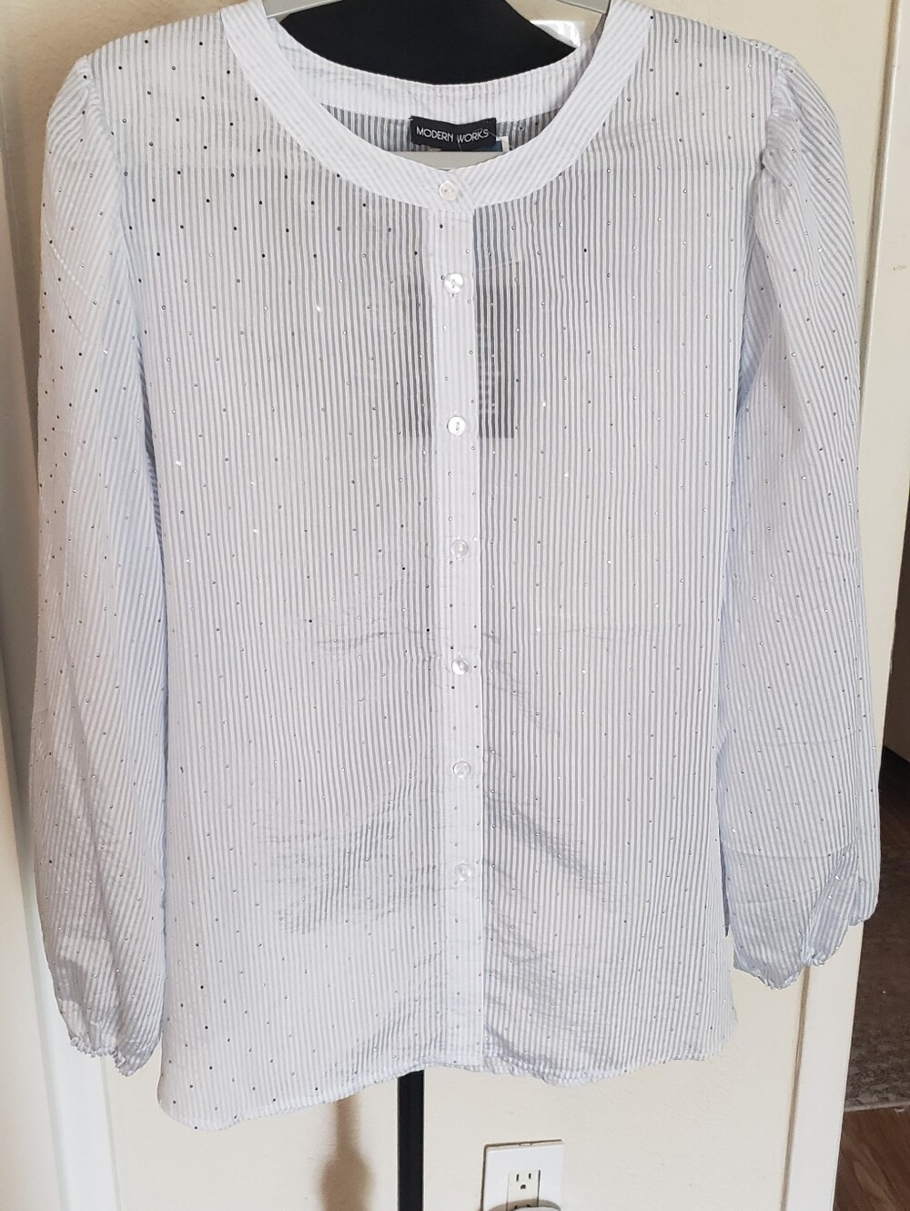 Modern Works Lightweight Pinstripe Button-Down Blouse in White & Pale Blue